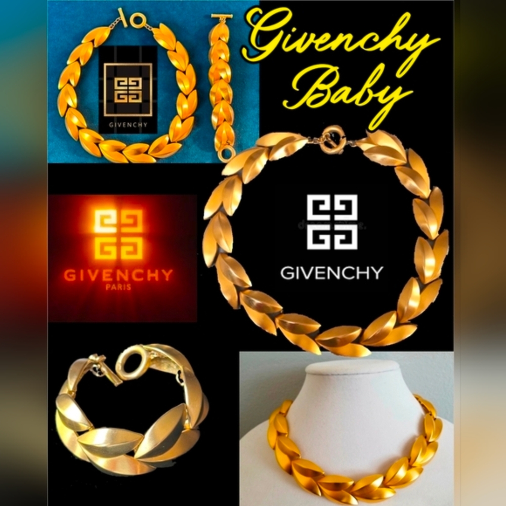 Givenchy MSRP $2800 Vintage 1970s Satin GOLD Leaf Link Interlocked Collar SET - Picture 6 of 7